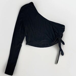 Black One-Shoulder Long Sleeve Ruched Crop Top Side Tie Size Medium